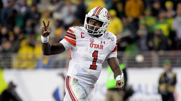 Dec 6, 2019; Santa Clara, CA, USA; Utah Utes quarterback Tyler Huntley (1) reacts during the second half of the Pac-12 Conference championship game against the Oregon Ducks at Levi's Stadium.